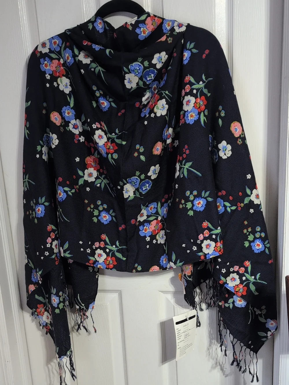 Tory Burch Navy Floral Oversized Scarf with Fringe